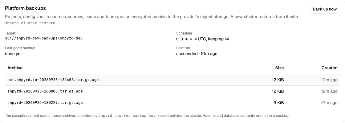 The platform backups card on the cluster page: target, schedule, last good backup, the archives and a Back up now button
