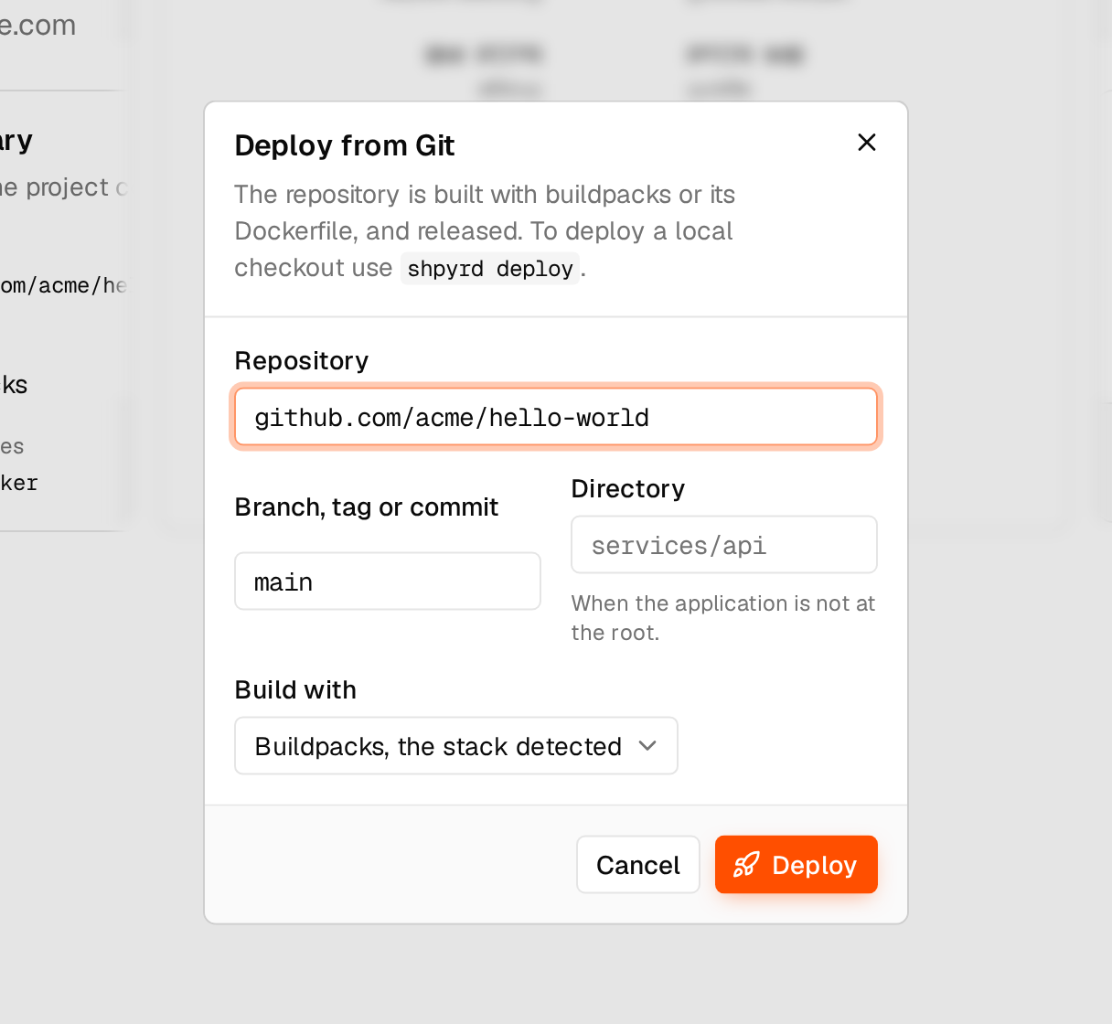 Deploying a project from the dashboard