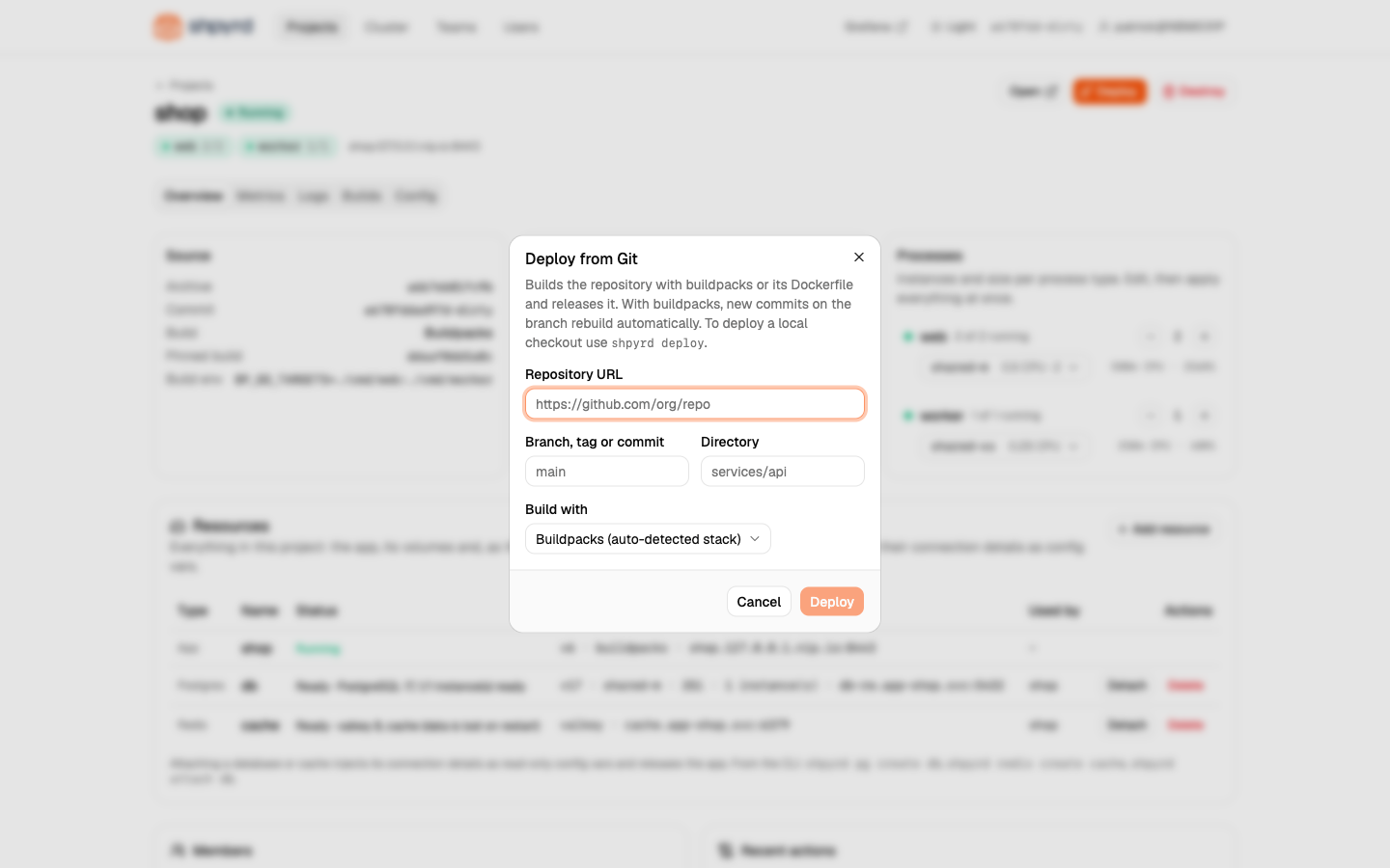 Deploy dialog