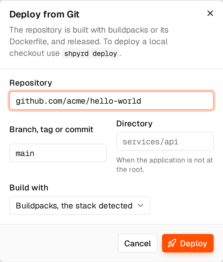 Deploy dialog