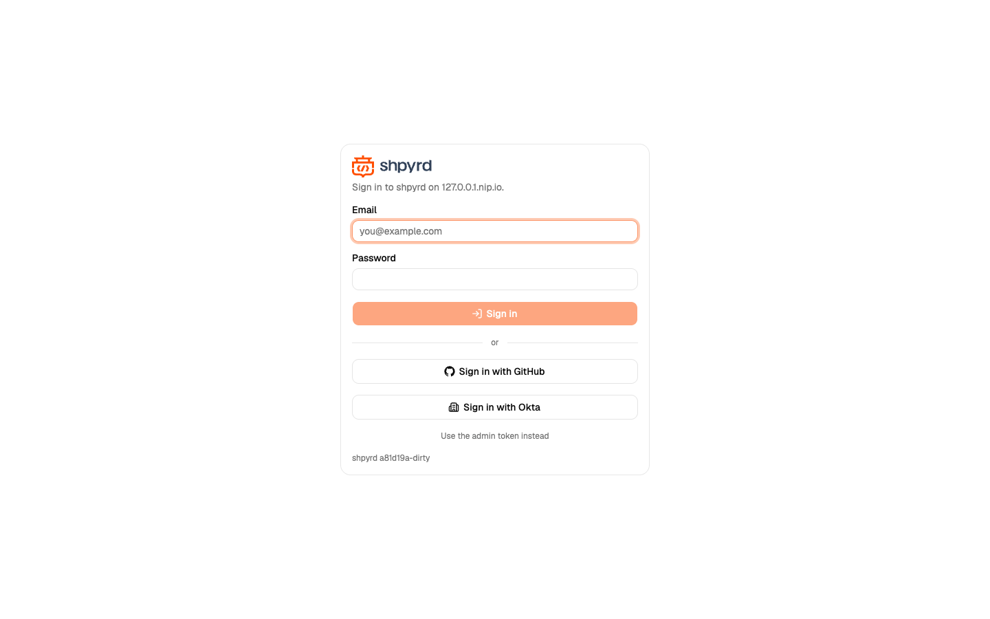 The sign-in page with a password form and buttons for GitHub and Okta