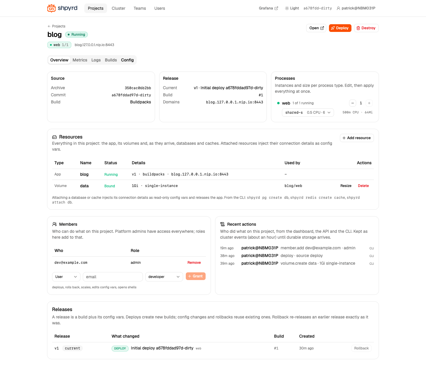 The blog project with a single-instance volume
