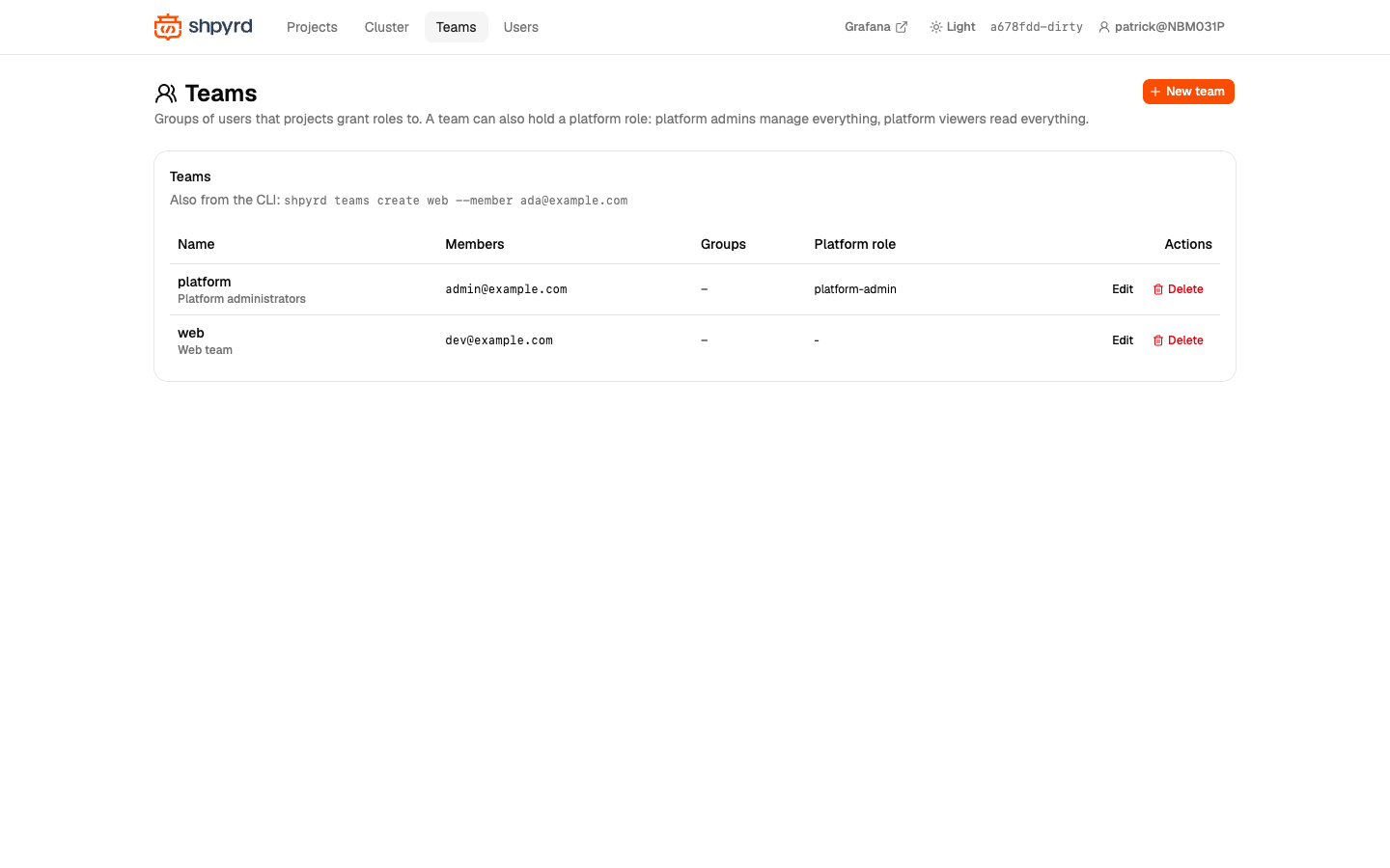 Teams page
